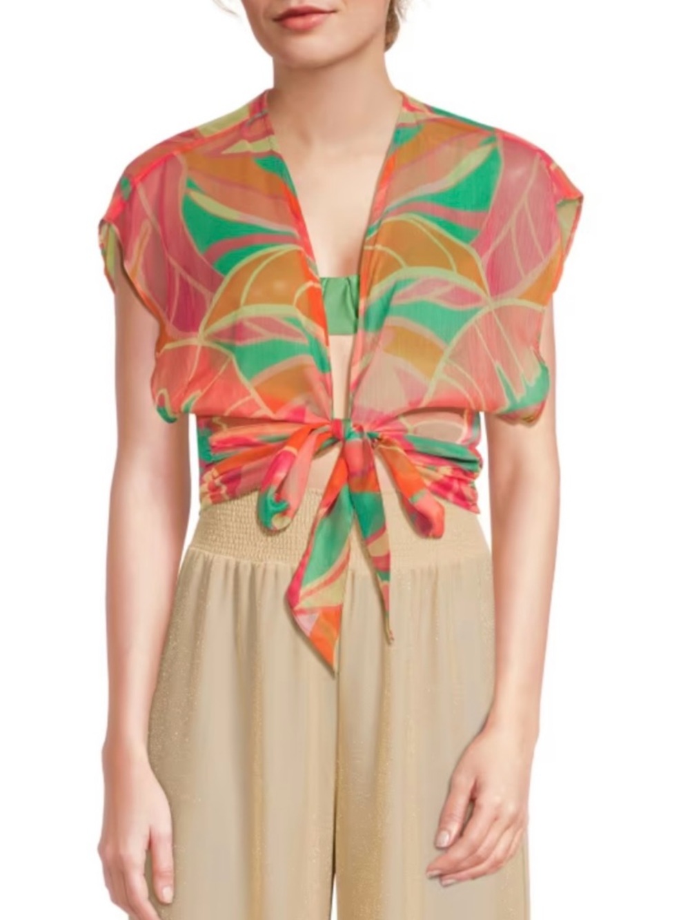 Ramy Brook Sheer Tie-Front Floral Print Crop cover up Top - Multi-Color